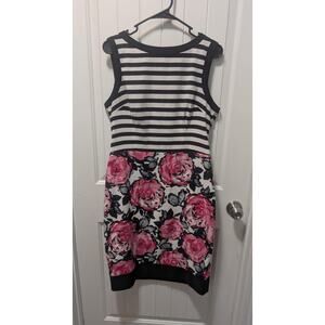London Times Black Ivory Pink Stripe Rose Print Belt Work Summer Dress Size 12